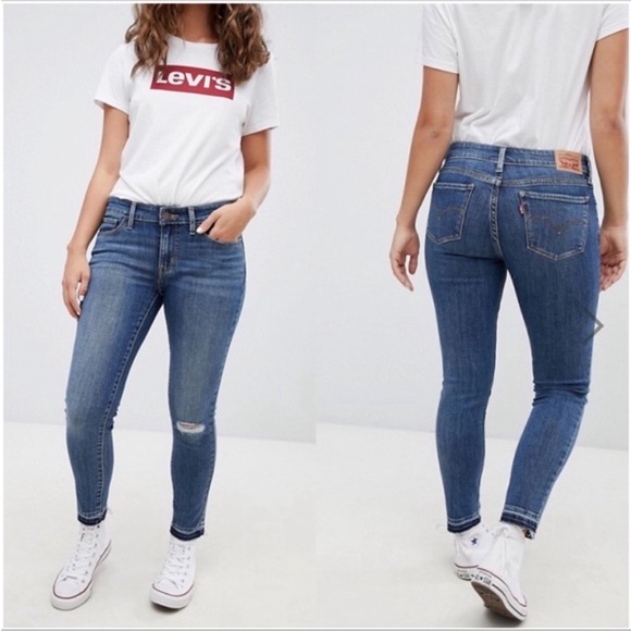 Levi's Denim - Levi’s Women’s 711 Skinny Medium Wash Ripped Knee Raw Hem Jean Size 26 Stretch